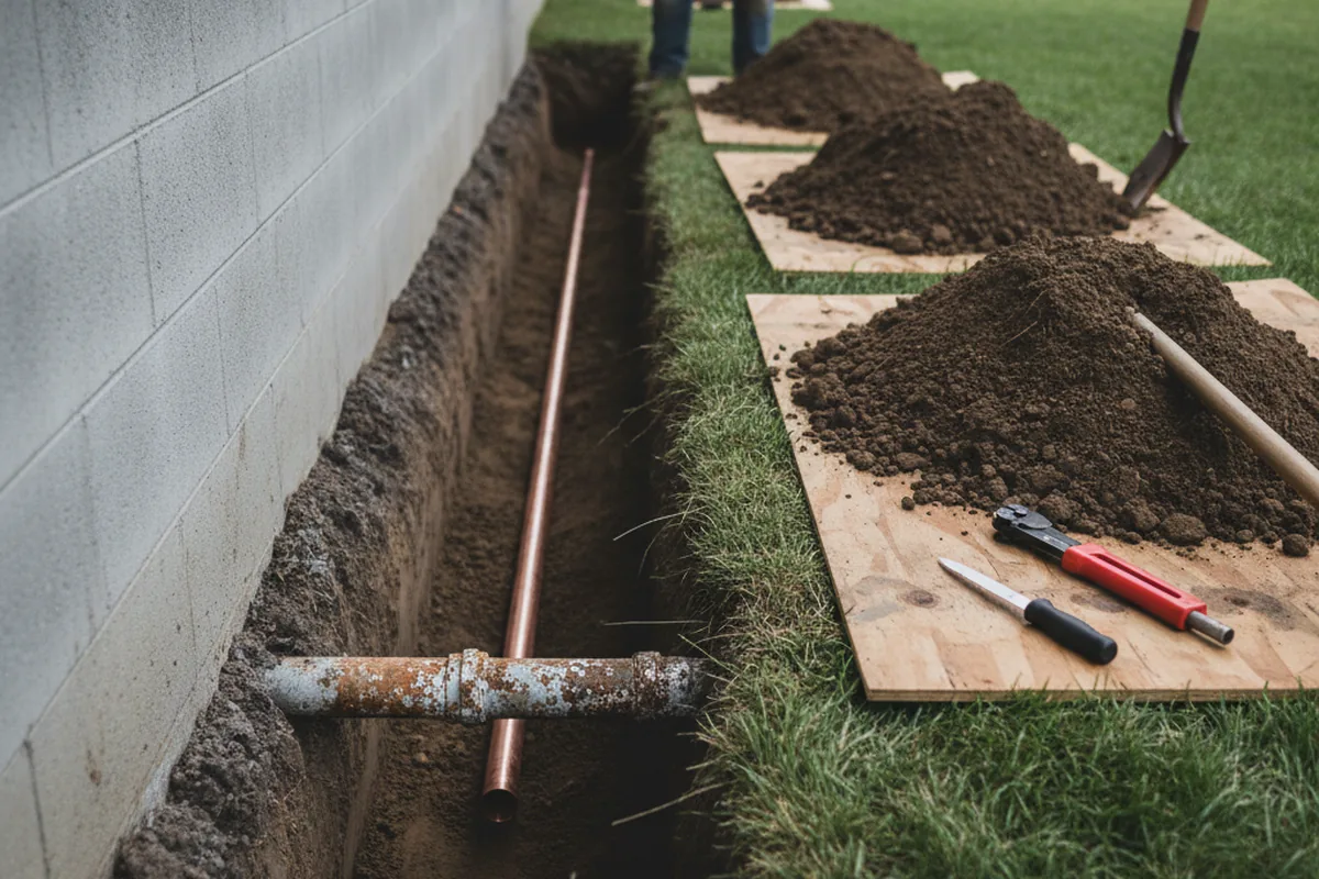 Excavated water line trench during Water Heater Repair in Weaverville